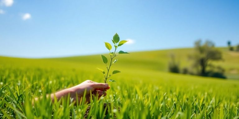 Persoană plantând un copac într-un peisaj verde.