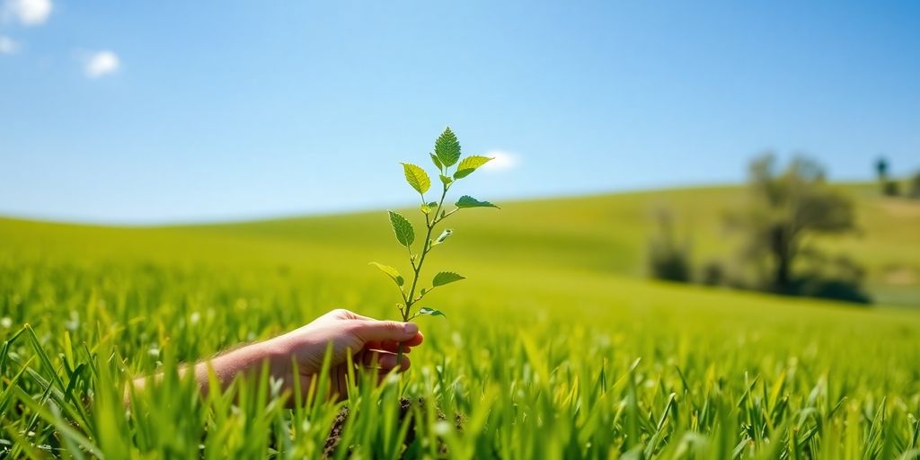 Persoană plantând un copac într-un peisaj verde.