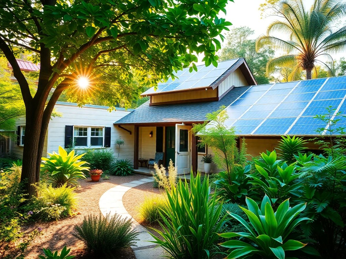 Casa ecologică cu panouri solare și grădină verde.