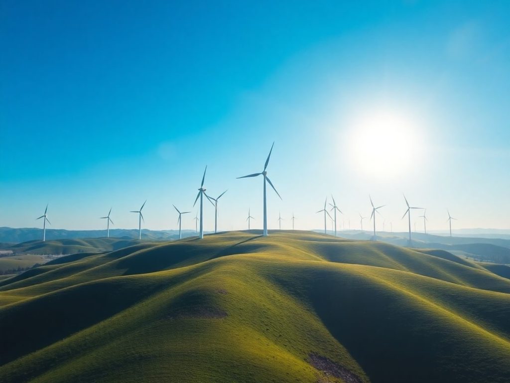 Turbine eoliene pe un fundal de peisaj verde.