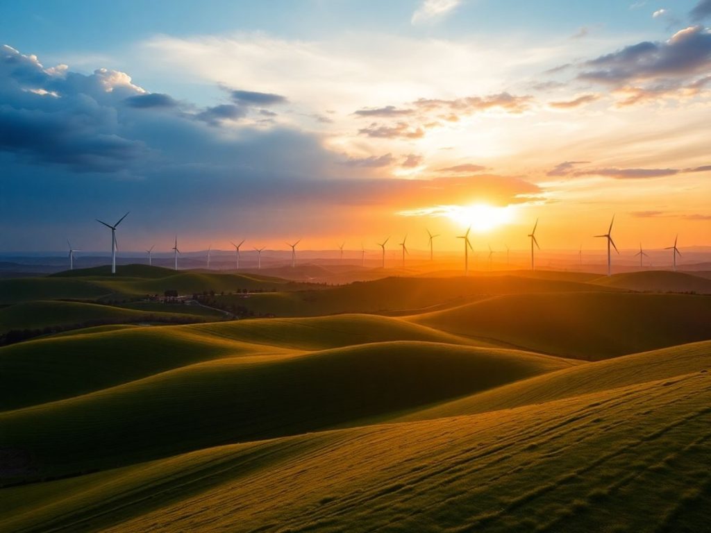 Turbine eoliene pe un deal verde la apus