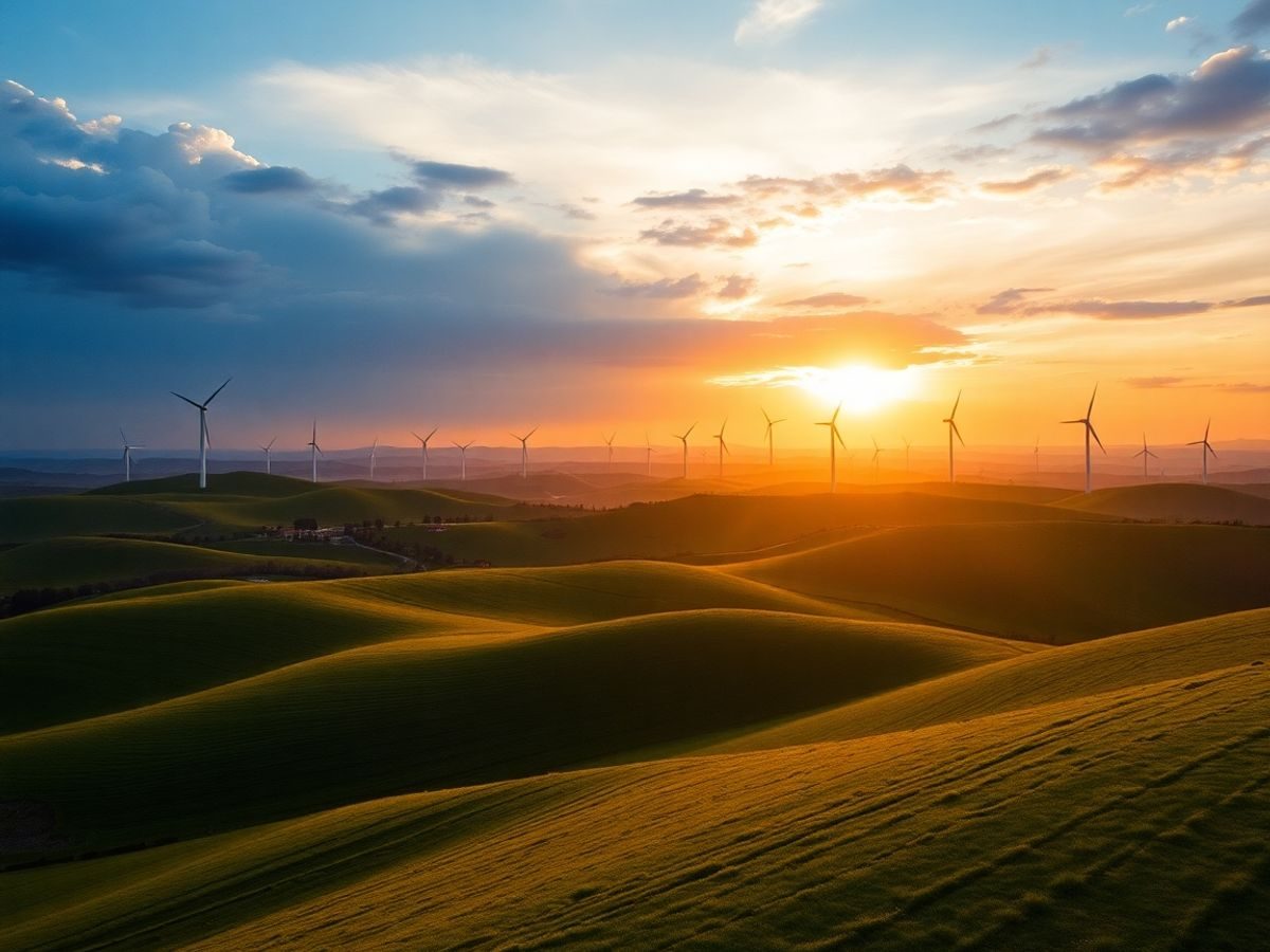 Turbine eoliene pe un deal verde la apus