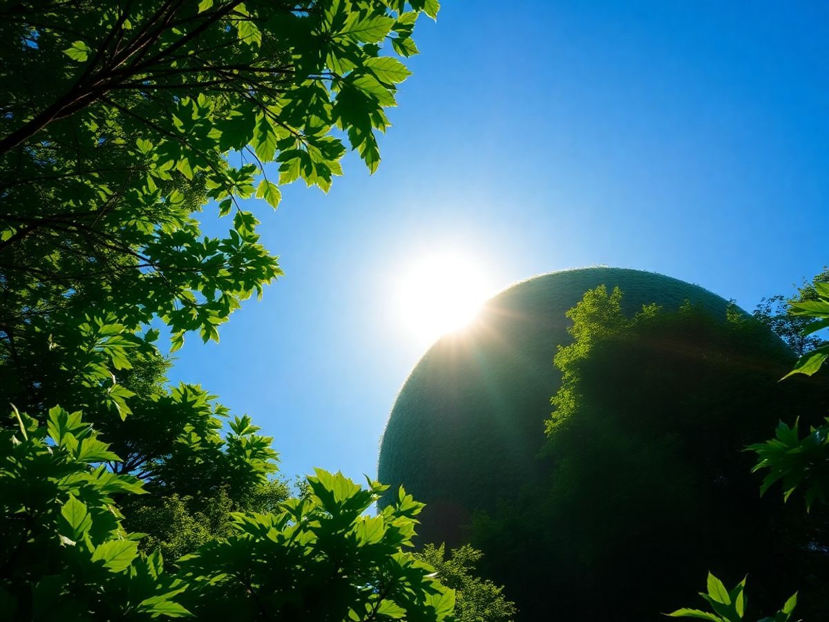 Planetă verde sub soare strălucitor.