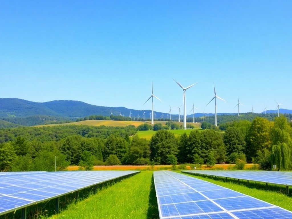 Panouri solare, turbine eoliene, natură verde, cer senin.