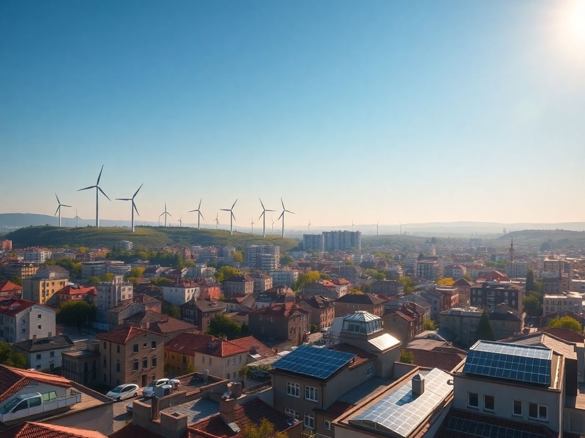 Oraș românesc luminat de panouri solare și turbine eoliene.