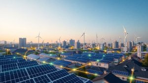Panouri solare și turbine eoliene conectate la clădiri.