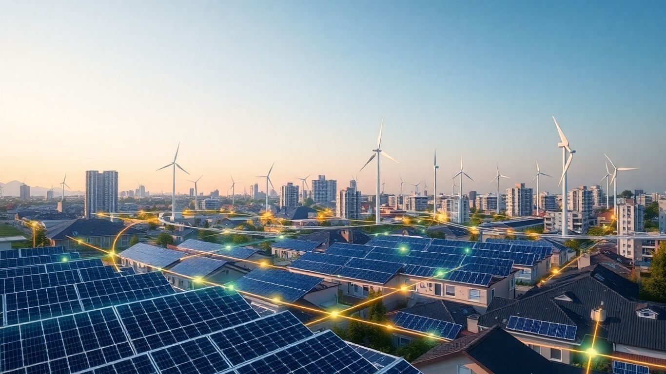 Panouri solare și turbine eoliene conectate la clădiri.