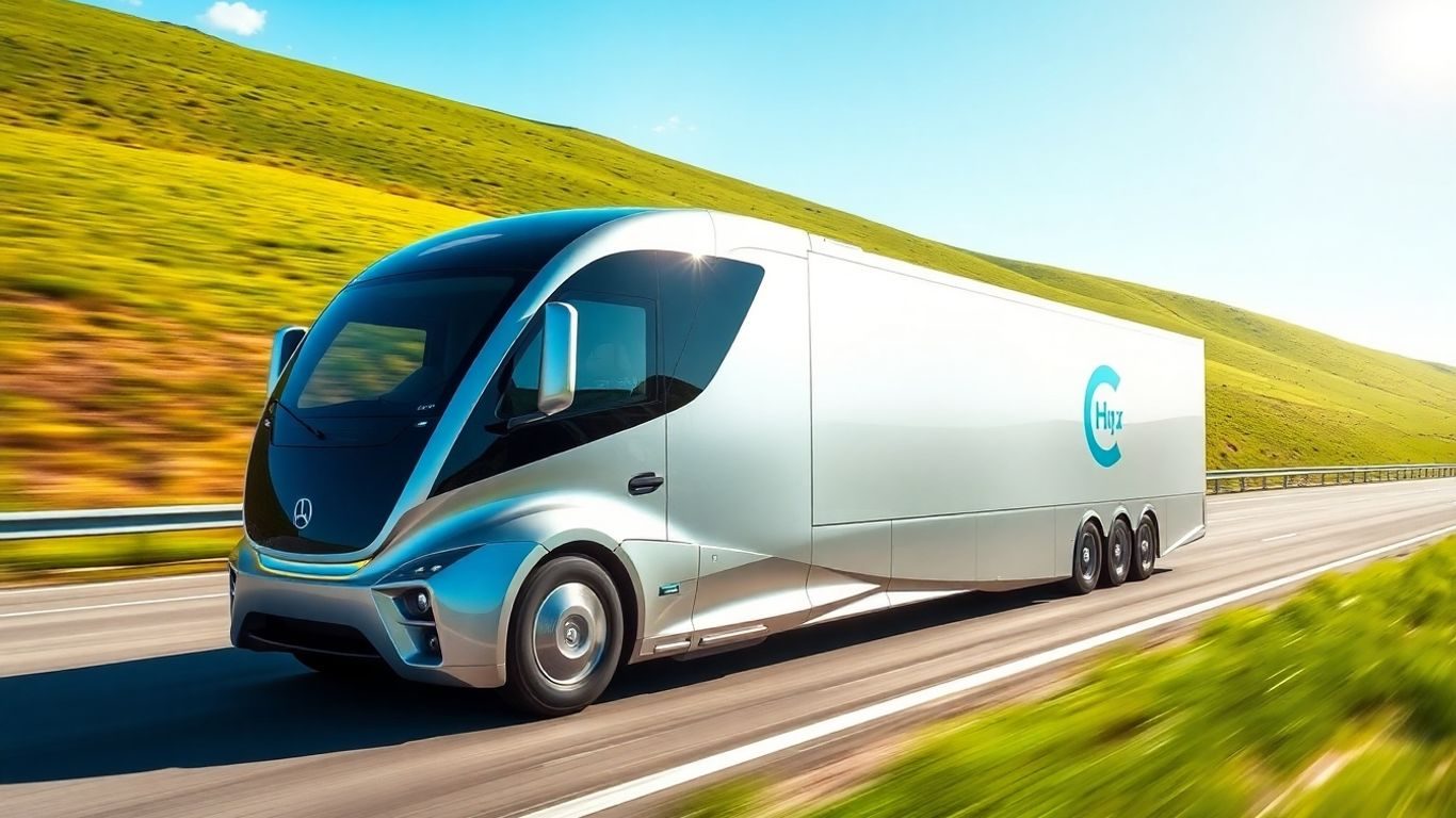 Camion alimentat cu hidrogen pe autostradă.