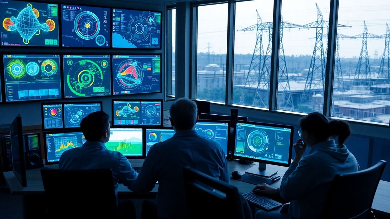 Cameră de control energetic cu ingineri și tehnologie avansată.