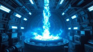 Laborator de fuziune nucleară cu plasmă strălucitoare.